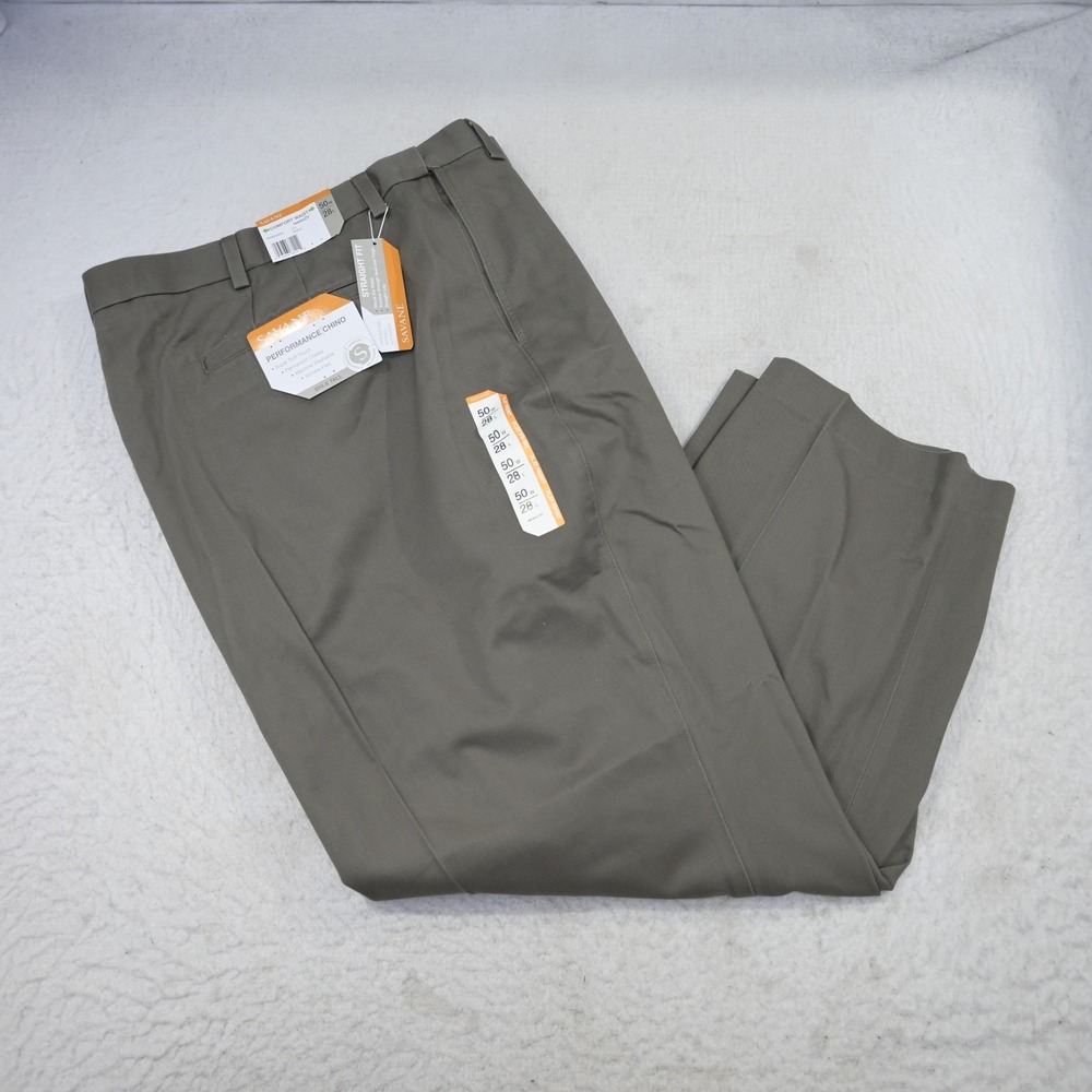 Savane Performance Chino Mens 50x28 NEW Straight Fit Gray Flat Front Big & Tall